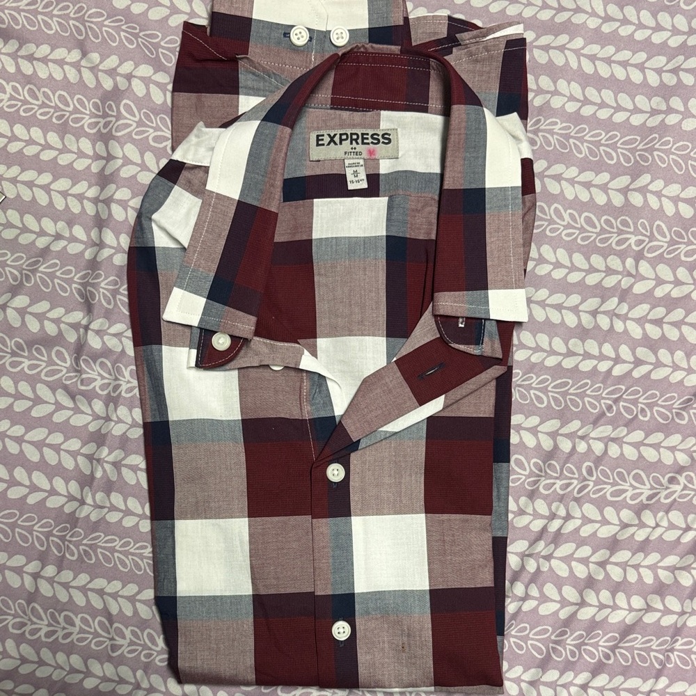 Express Men's Burgundy and White Plaid Shirt